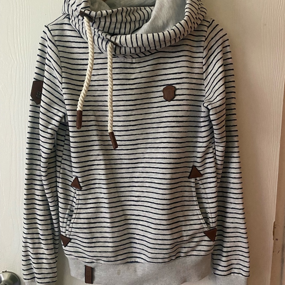 Naketano Navy and Gray striped Hoodie with leather and rope detailing -  Sz. M
